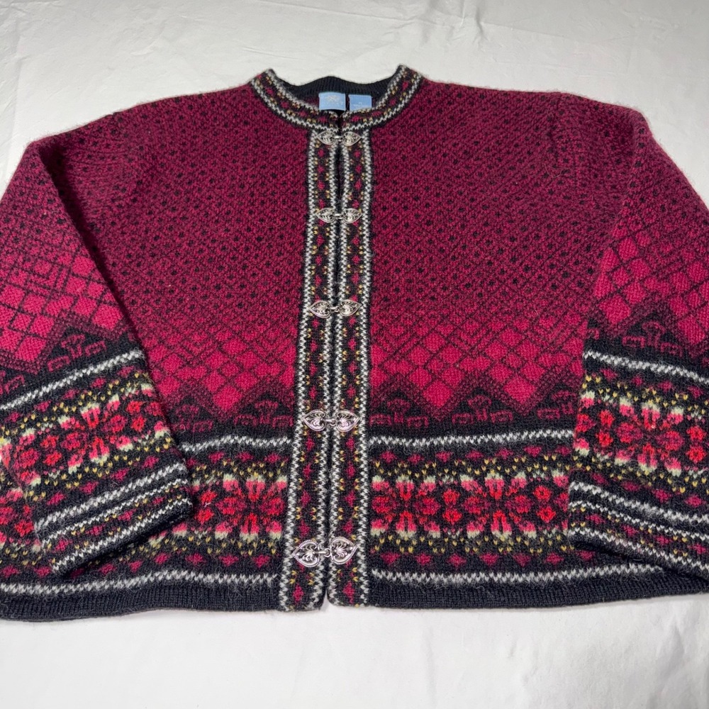 Vintage Frost Petite Large Burgundy Icelandic Fair Isle Snowflake Wool Cardigan - Picture 2 of 7